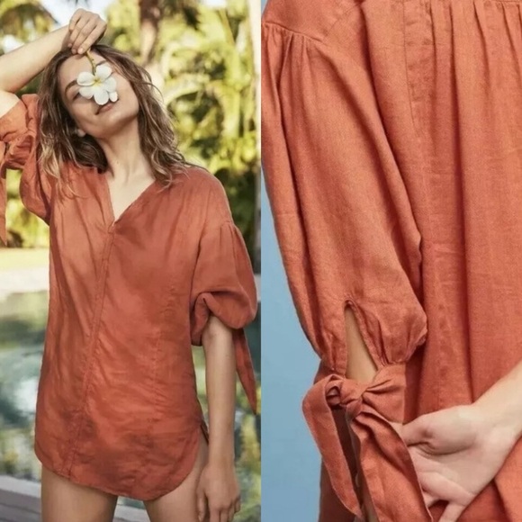 Anthropologie Holding Horses Linen Tunic Top Size S Tie Sleeves Beachy Boho - Picture 1 of 9